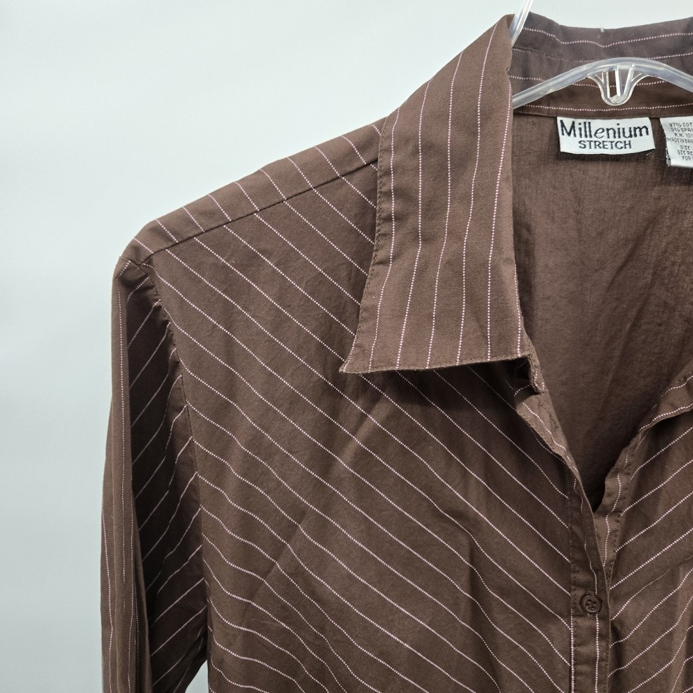 Millenium Stretch Women's Button Up Roll Tab Sleeve Dress Shirt Size 20 Brown